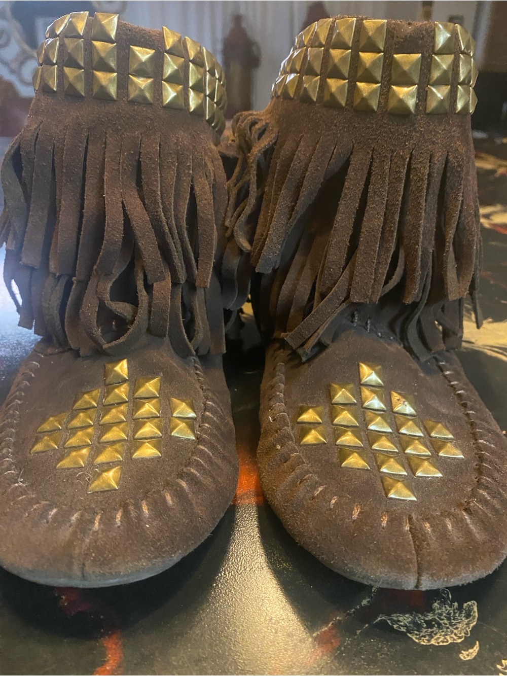 Jeffrey Campbell Brown Suede Fringe Moccasins with Gold Studs